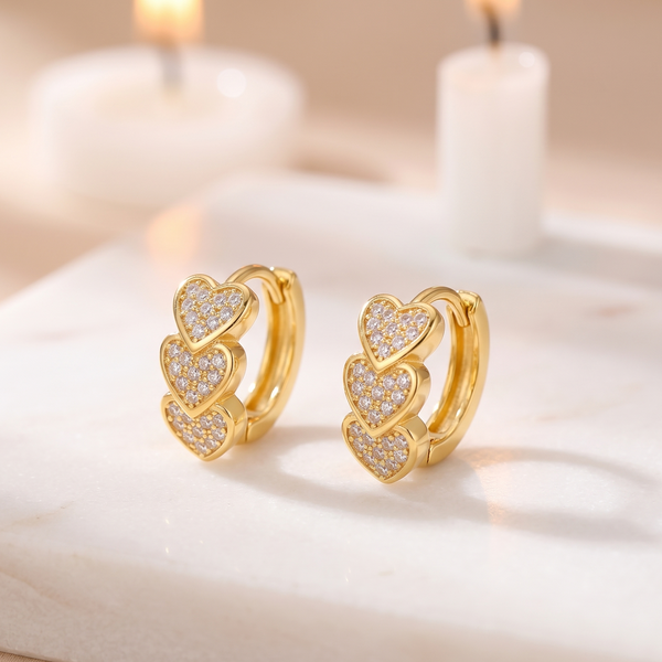 NOORI Triple Heart Zircon Pave Hoop Earrings 18K Gold Plated